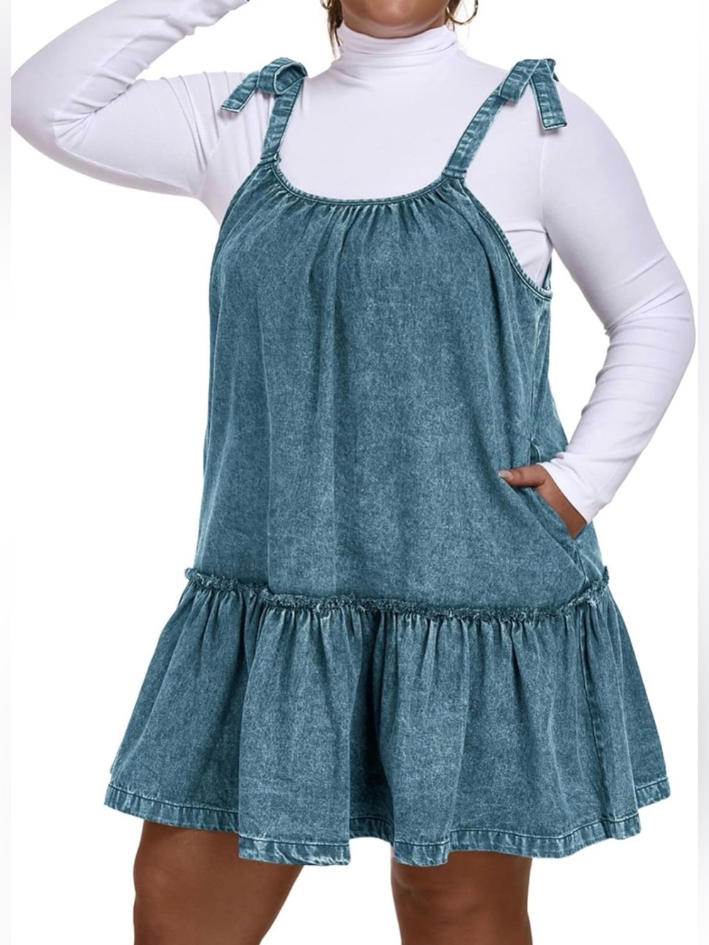 Denim Dress for Women Tie Shoulder Sleeveless Denim Mini Dress Casual Flowy - Picture 6 of 11